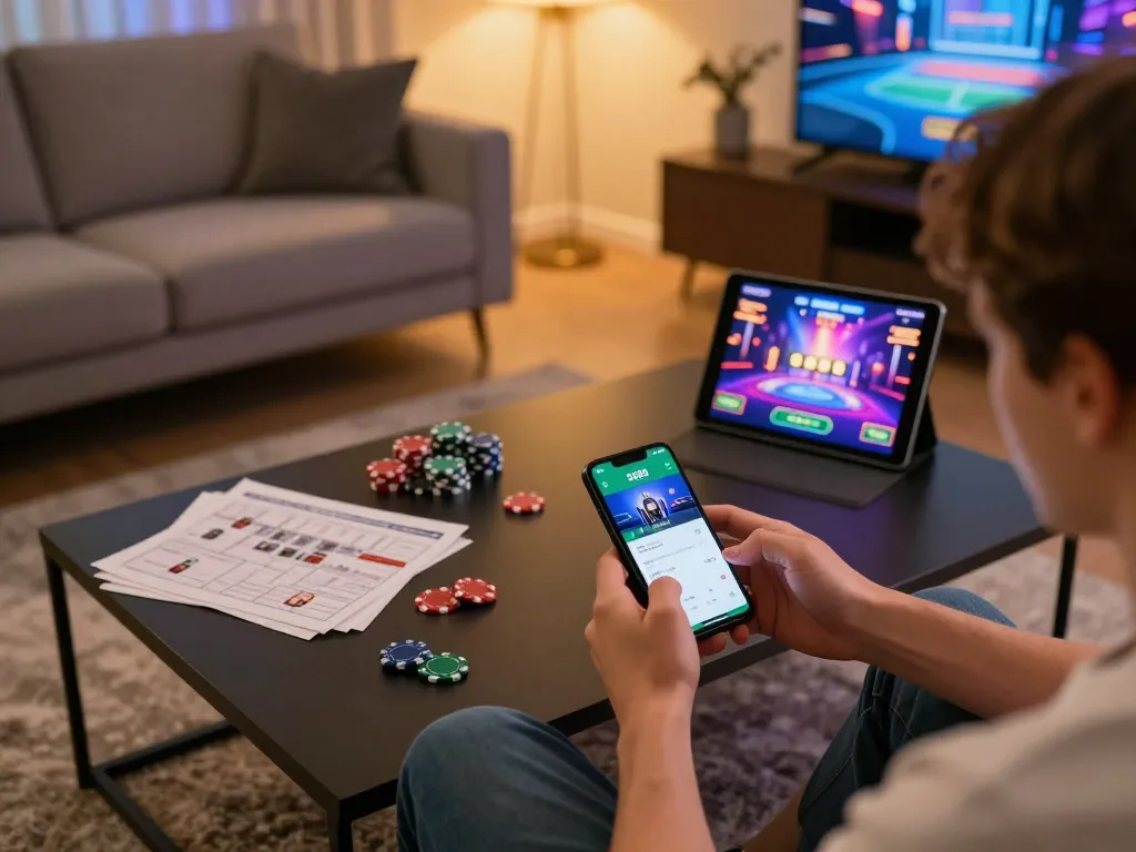 Player enjoying SC88 app for online gaming in a cozy living room setup with smartphone and tablet