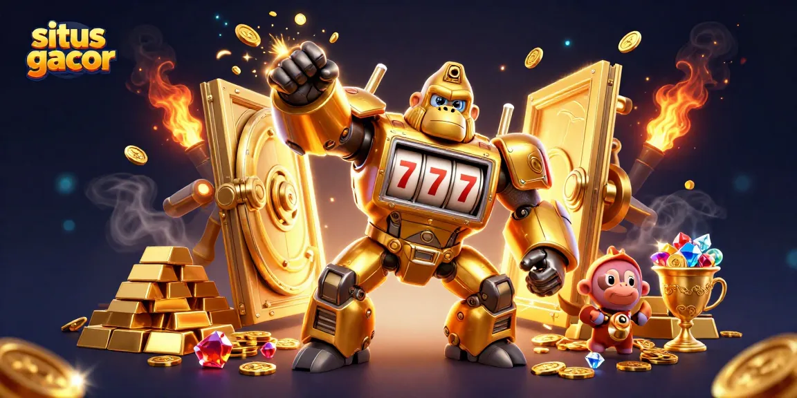 Situs gacor unlocks treasure with a golden gorilla mech, showcasing exciting slots and jackpots.