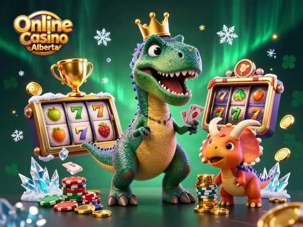Join the fun at Online Casino Alberta with our 3D cartoon scene featuring a playful T-Rex and golden chips.