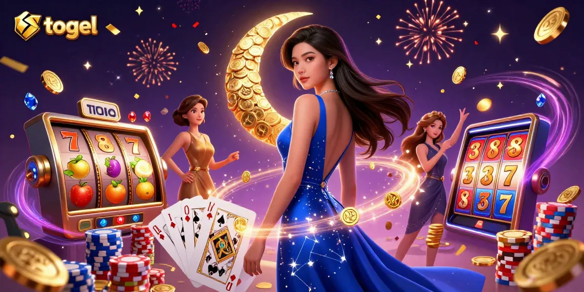Win big with togel as vibrant slot reels and colorful chips sparkle in the night sky.
