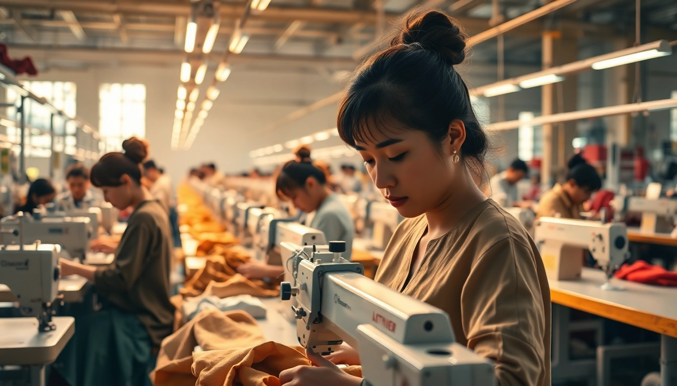 Showcasing skilled artisans Manufacturing Clothing in China with high-tech sewing machines in a bustling factory.