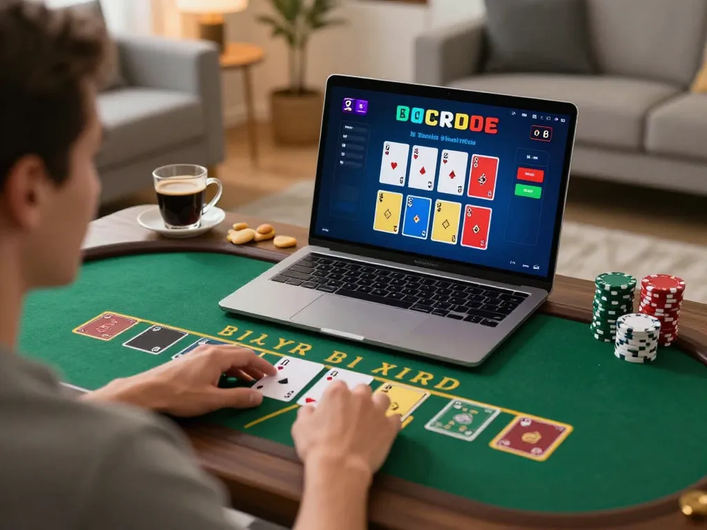 Player enjoying live blackjack game on laptop, showcasing tx88 card strategies in cozy home setting