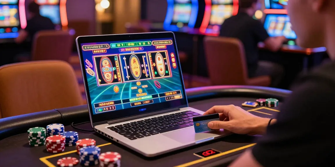 Engaging scene of a player at a laptop exploring casinos that accept credit card, showcasing vibrant casino games and dynamic atmosphere.