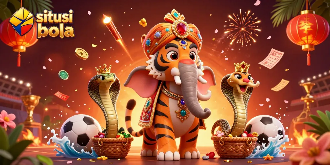 Engage with situs judi bola through a vibrant 3D scene filled with sports elements and celebratory visuals.