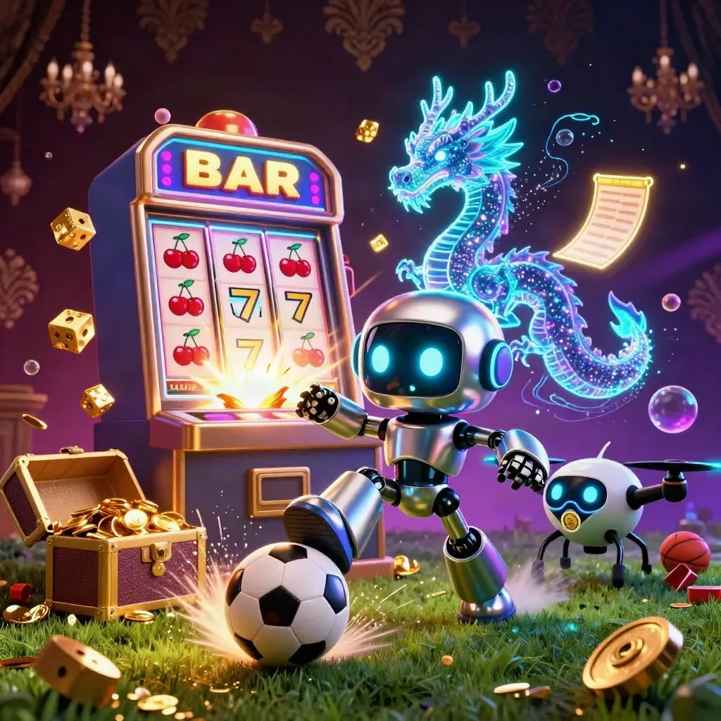 Chrome robot, holographic dragon and coin drone burst around a frozen soccer ball in neon casino light.