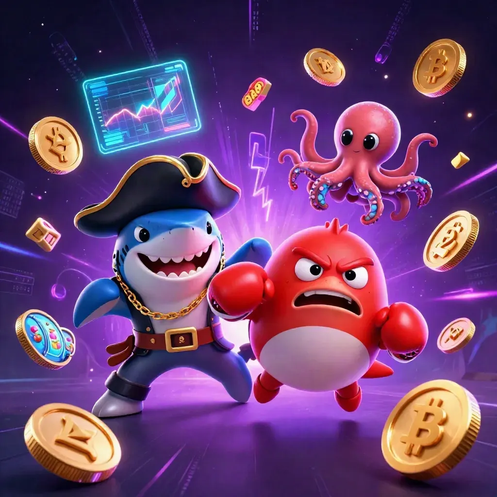 Pirate shark, boxing pufferfish, and juggling baby octopus amid neon coins in a cosmic casino scene.