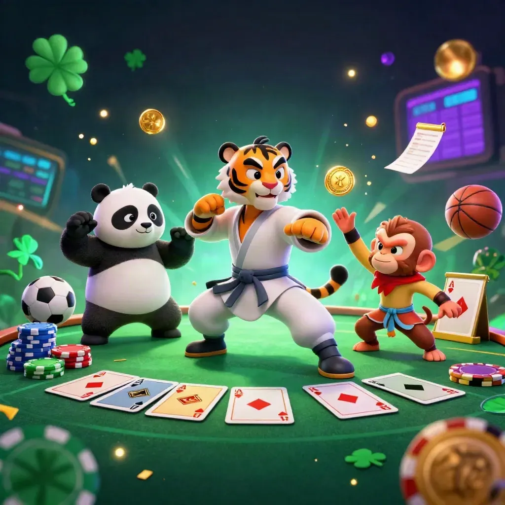Kung-fu tiger, panda and monkey amid poker chips, cards, balls and cosmic casino lights.