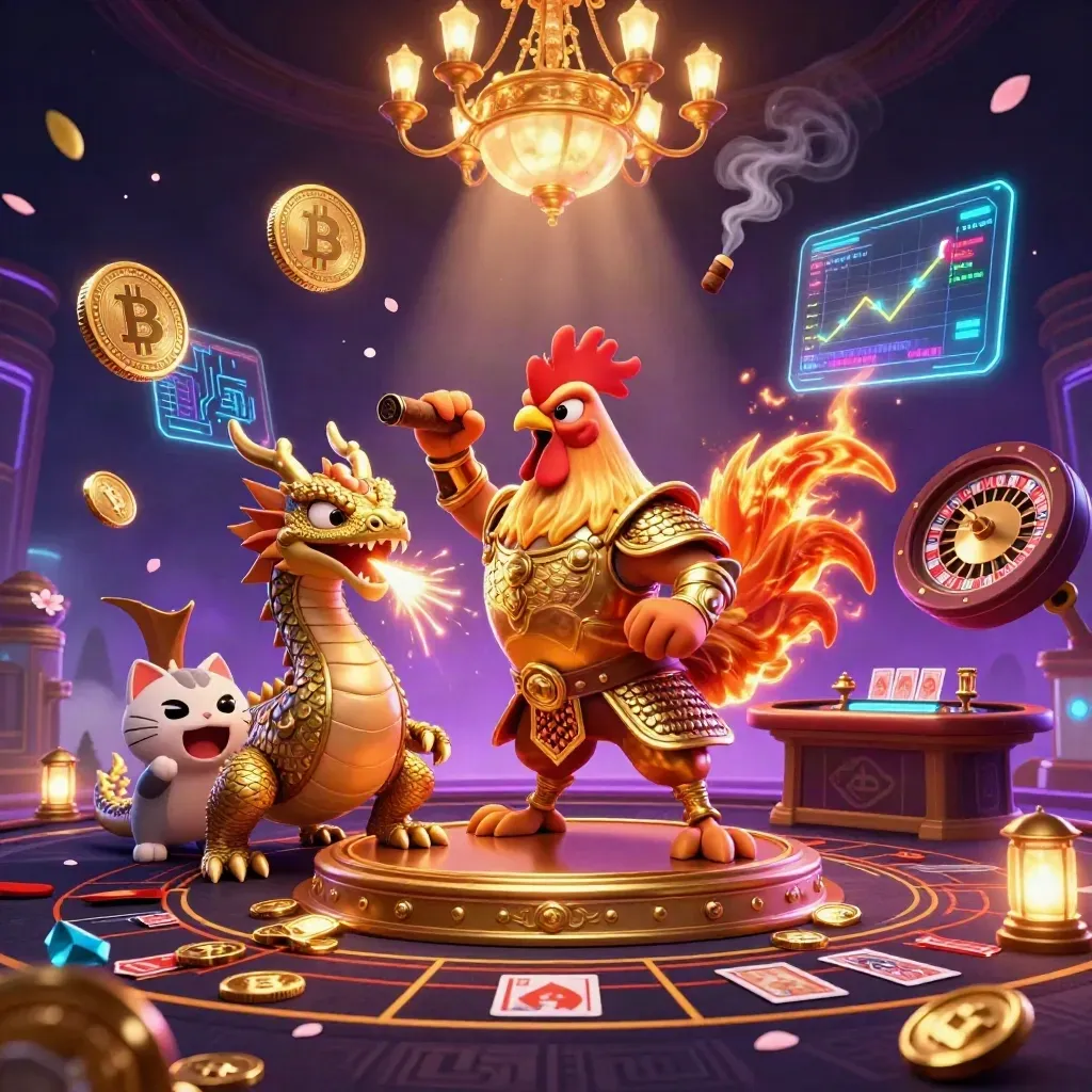 Samurai rooster, spark-breathing dragon hatchling and cheering fortune-cat amid cosmic casino magic.