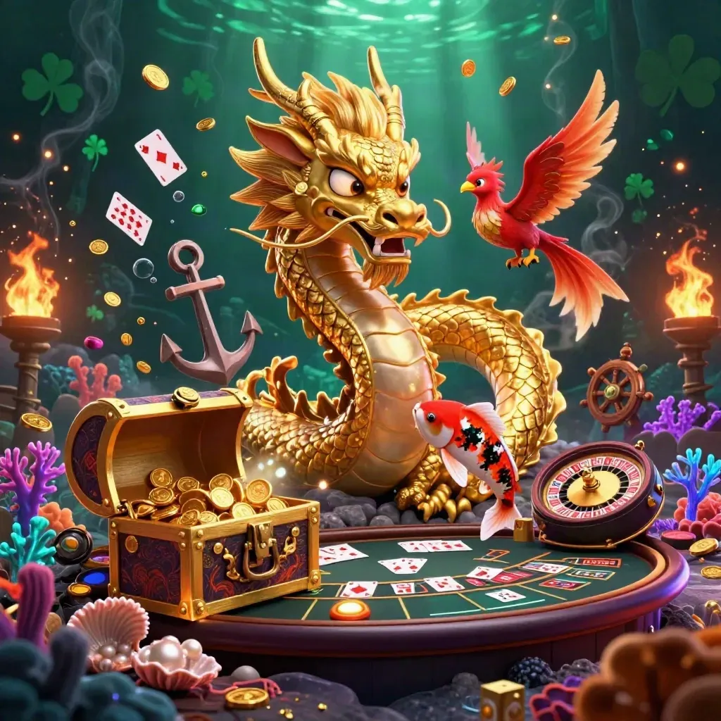 Golden dragon, phoenix, koi, treasure chest, and casino relics in a cosmic emerald cove.