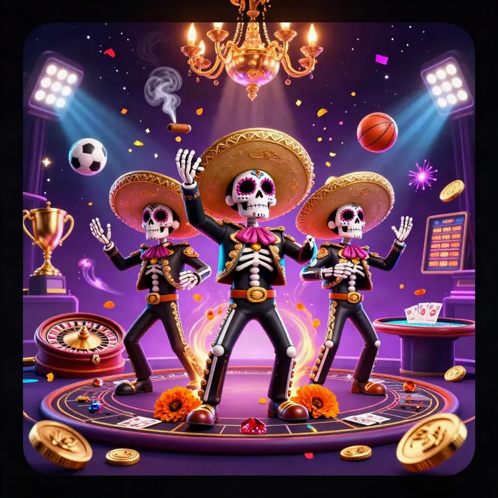 Skeleton mariachi trio in a cosmic casino burst with balls, coins, fireworks, and neon light.