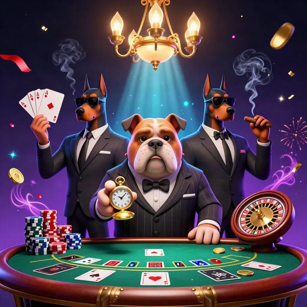 Mafia bulldog and Dobermans at a lavish cosmic casino table with chips, cards, and neon glow