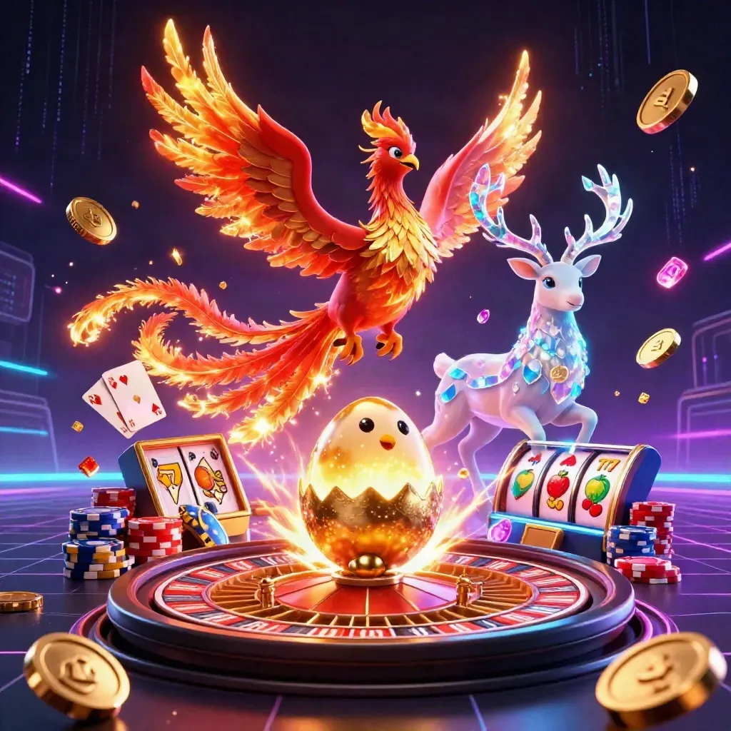 Phoenix, baby phoenix, and crystal stag amid coins, gems, cards, chips, and cosmic casino glow.