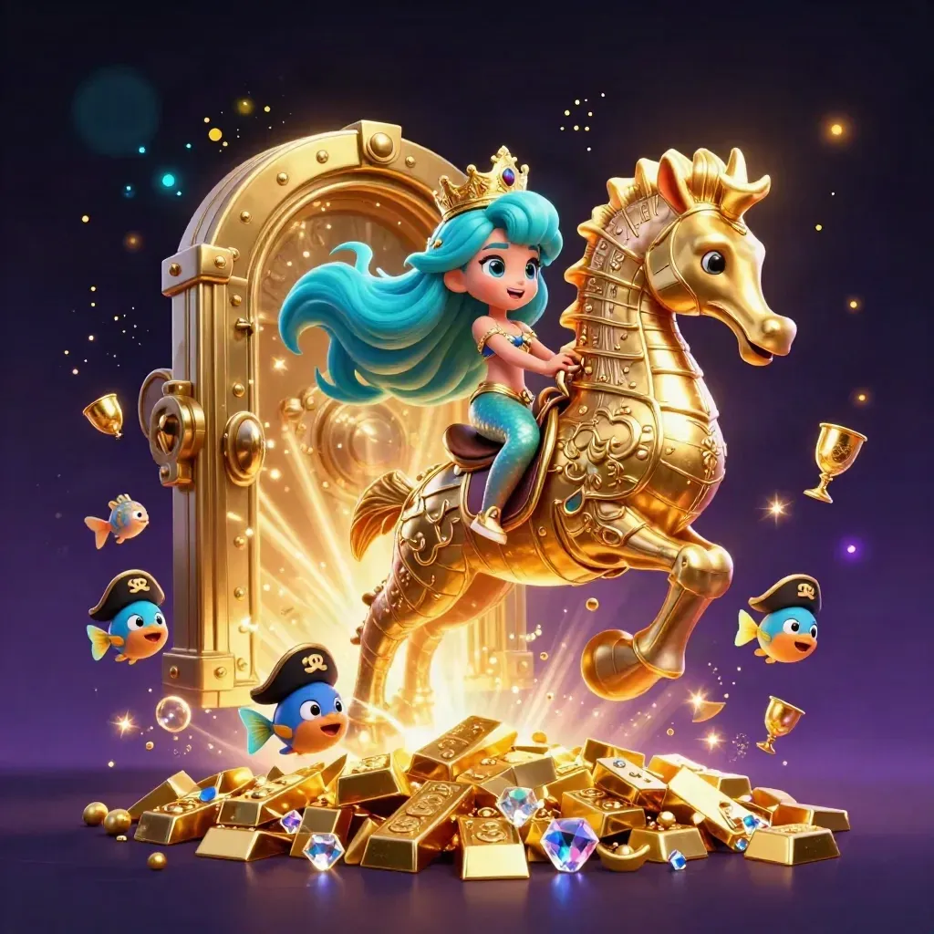 Mermaid princess on armored seahorse amid treasure vault blast, gold, gems, and pirate fish.