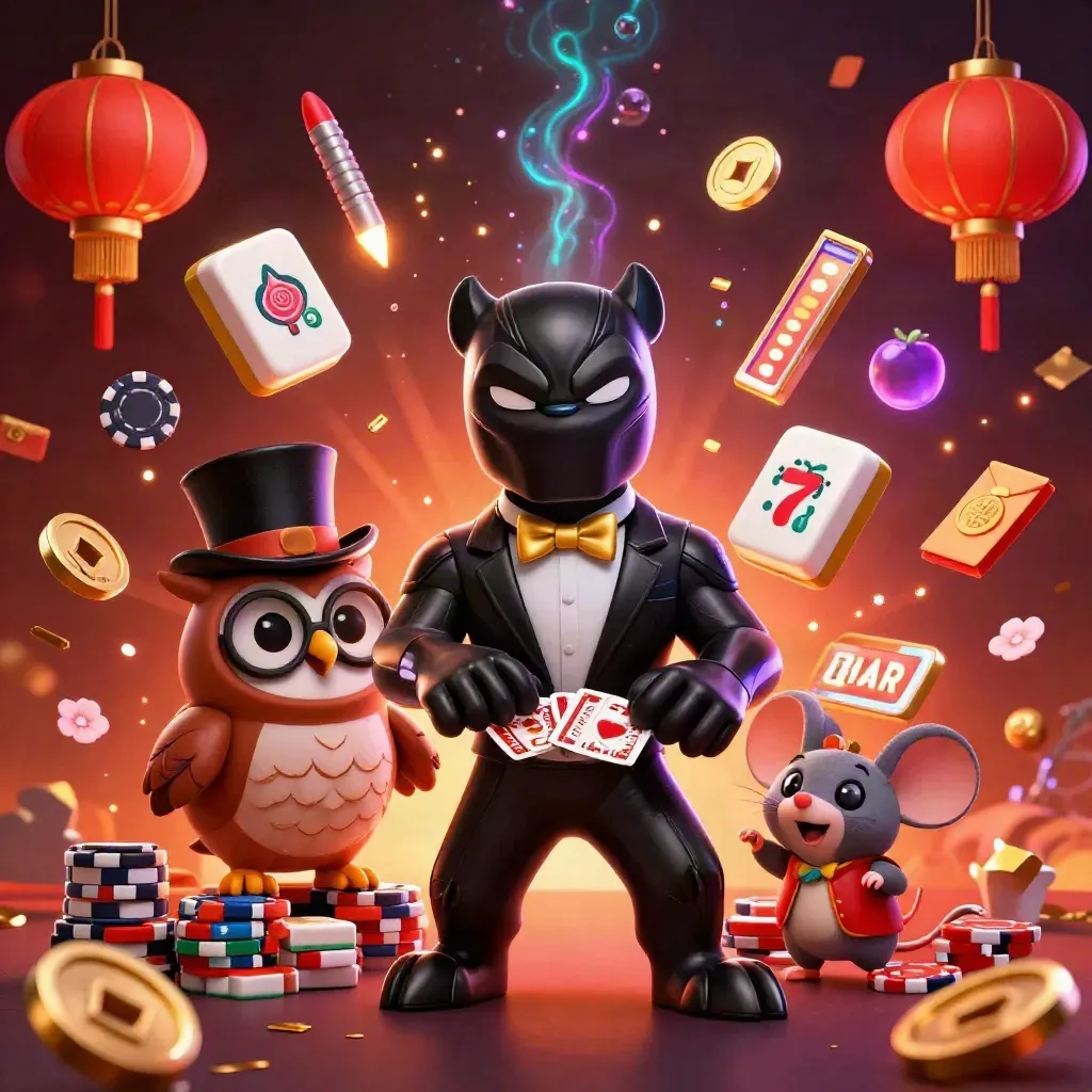 Panther, owl, and mouse amid casino chips, lanterns, coins, and cosmic cyan glow.
