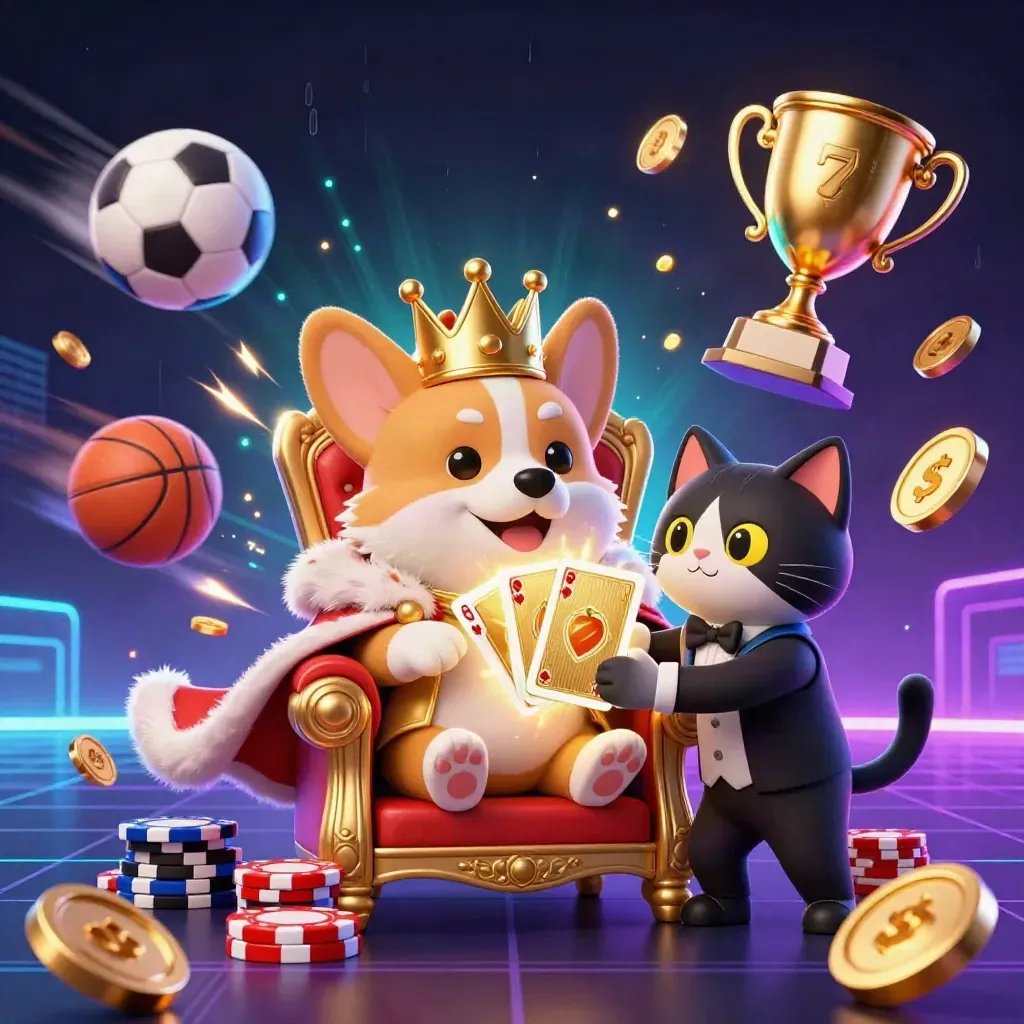 Royal corgi and cat butler amid cosmic casino chaos, gold coins, sports balls, neon beams
