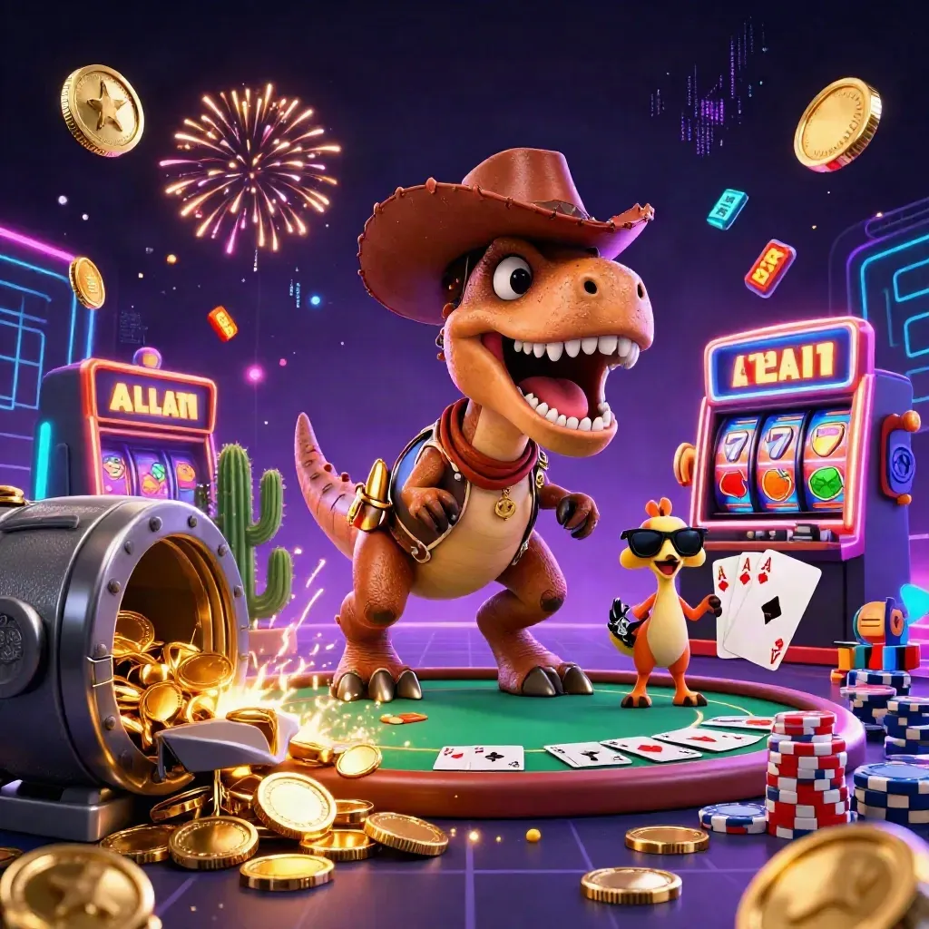 Cowboy T-Rex, cactus sidekick, and sheriff roadrunner blast through cosmic casino treasure.