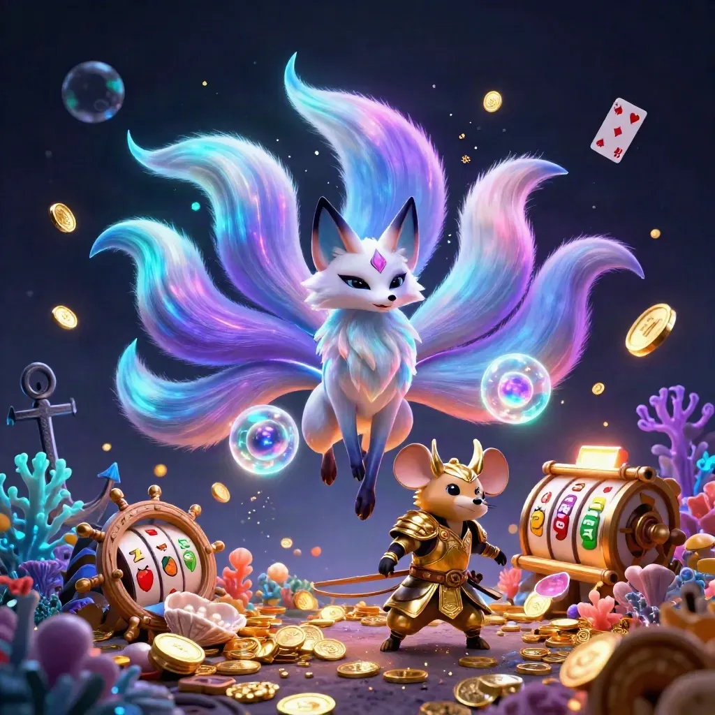 Nine-tailed neon fox spirit with a golden samurai mouse in an underwater treasure cove.
