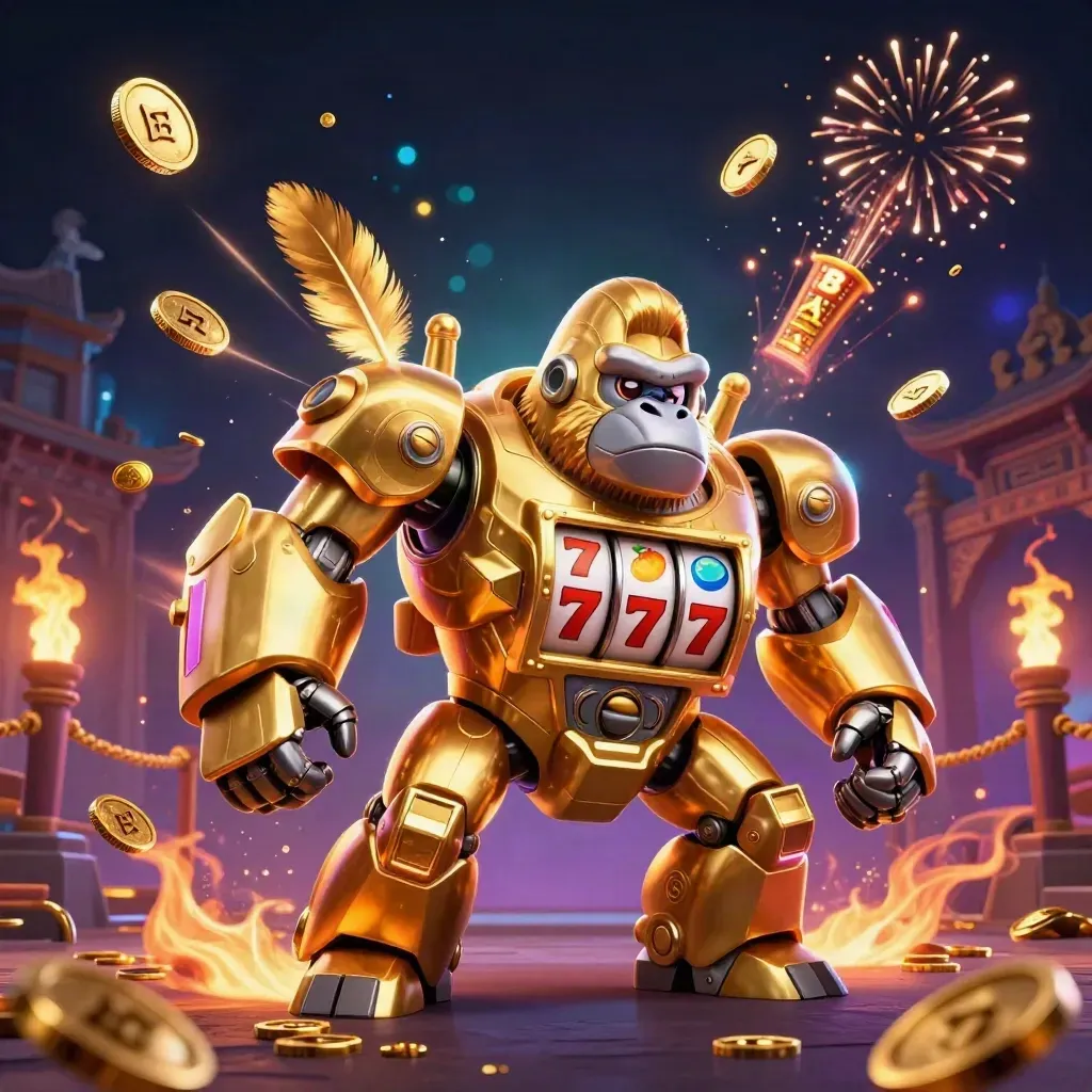 Golden gorilla mech with tiny pilot amid coins, reels, fireworks and temple gate