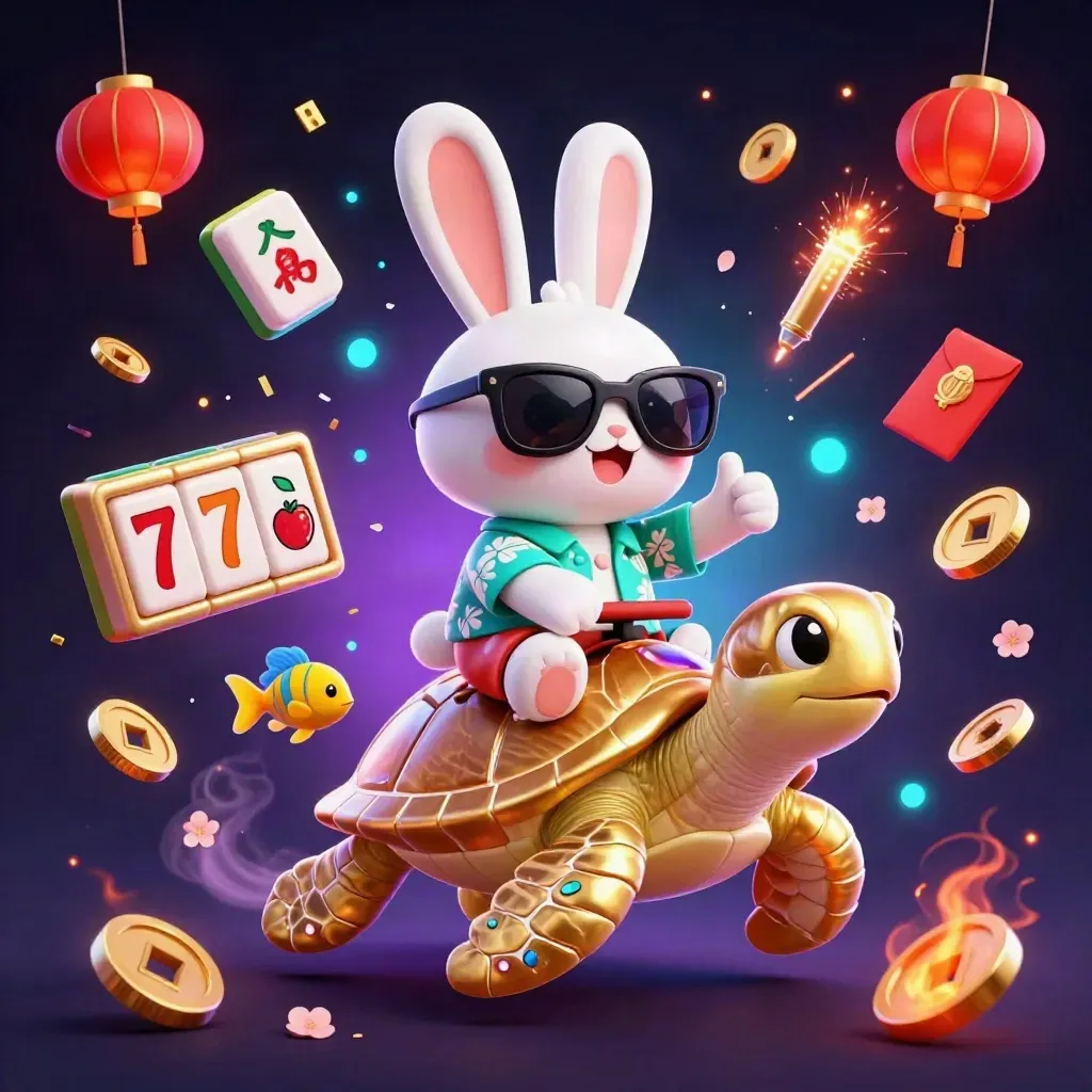 Rabbit on a golden sea turtle amid casino symbols, neon lights, and cosmic effects.