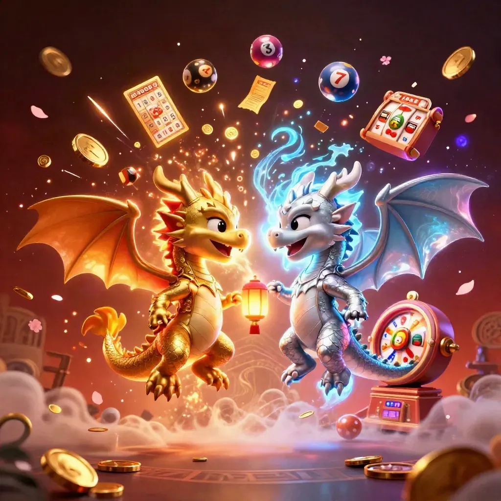Twin gold and silver dragons swirl with cosmic casino effects and treasure bursts.