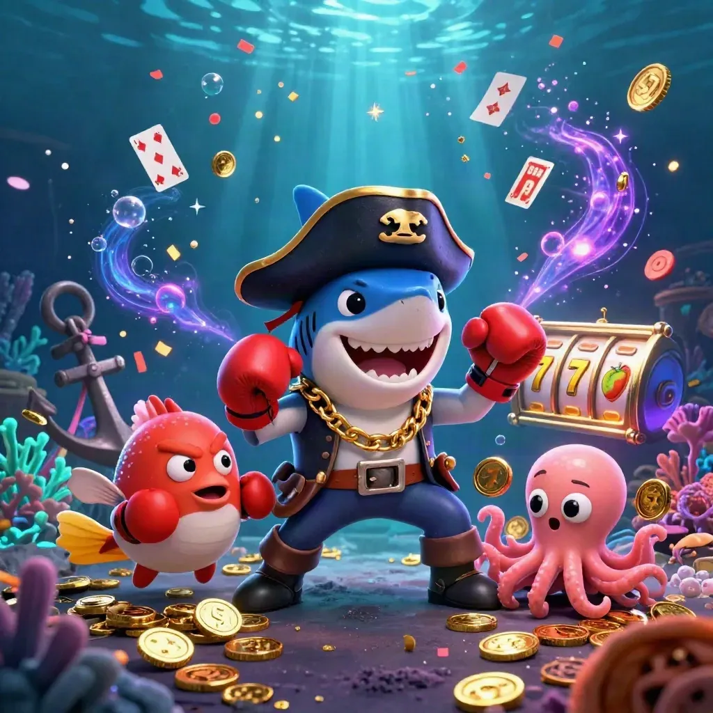 Pirate shark, boxing pufferfish, and coin-juggling octopus amid cosmic underwater casino effects.