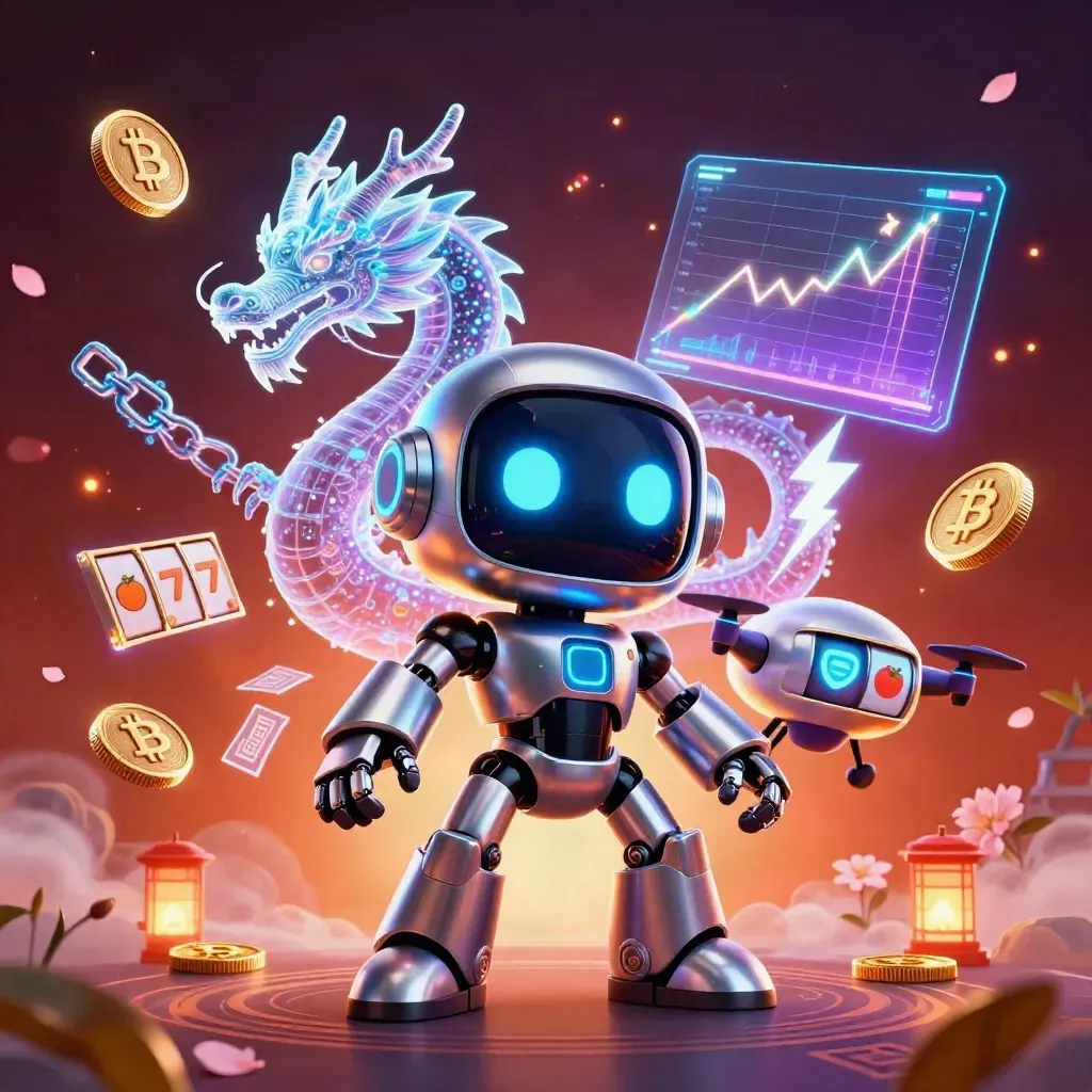 Cyberpunk robot, particle dragon, and coin drone explode with slots, coins, and cosmic casino glow.
