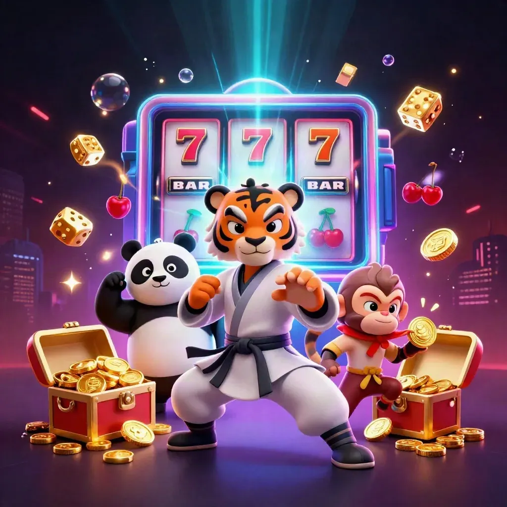 Kung-fu tiger, panda, and monkey amid exploding slot reels, gold, and cosmic casino glow