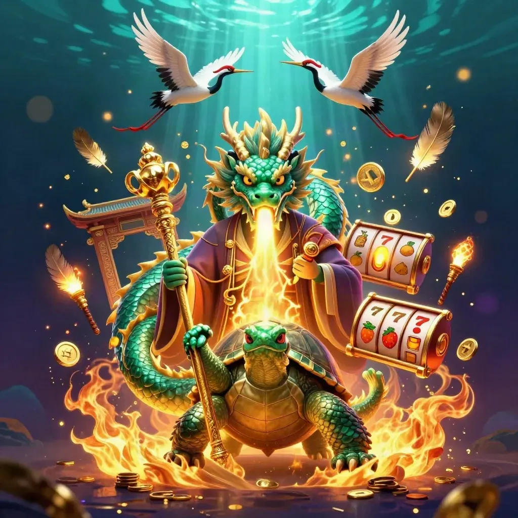 Emerald dragon, turtle sage, and cranes amid cosmic casino effects and gold light