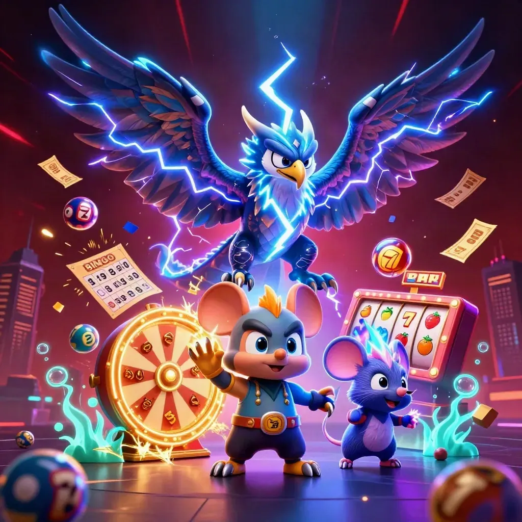 Thunder dragon, wind hawk, and static mouse amid casino sparks, reels, balls, and glowing skyline.