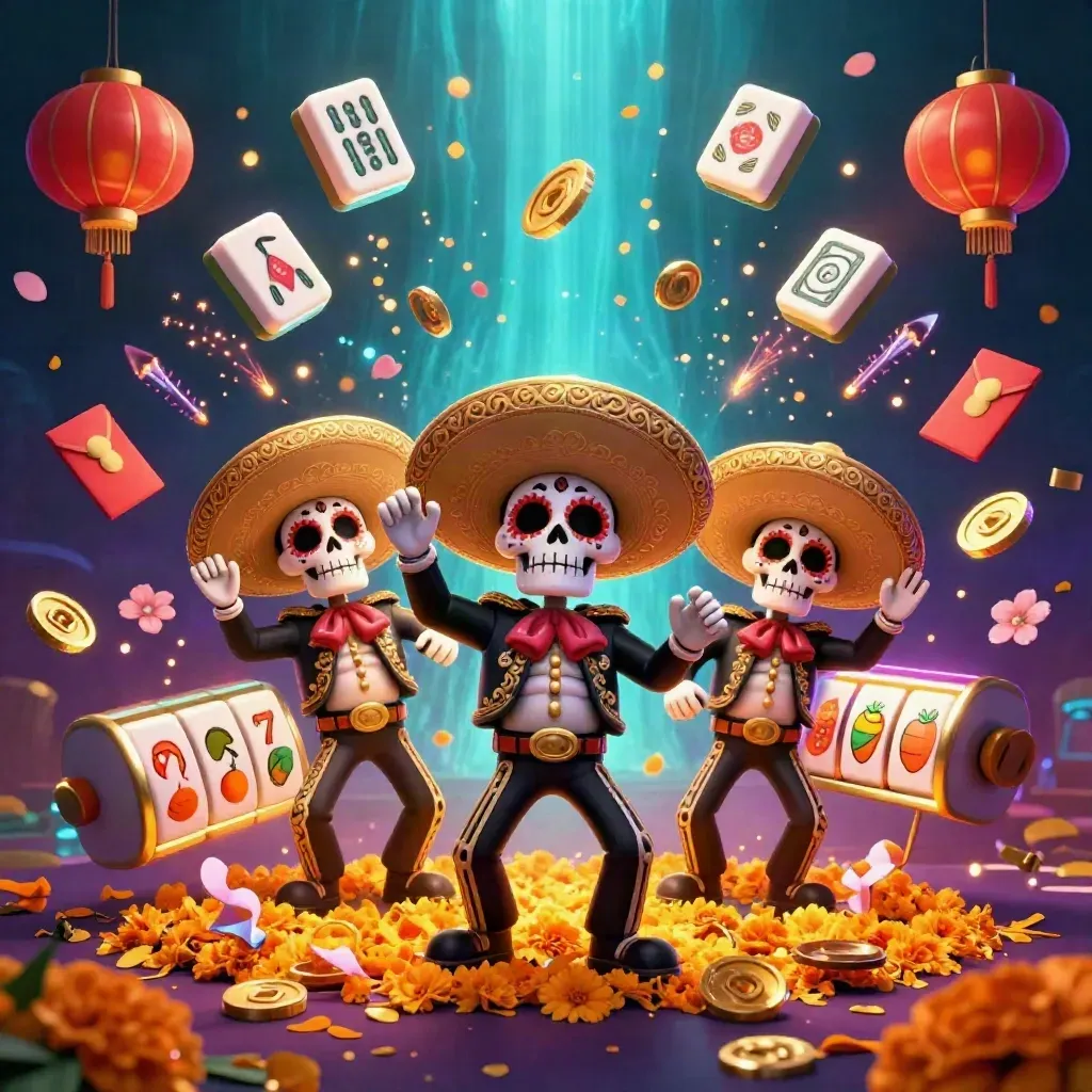 Three skeleton mariachi mascots amid casino symbols, coins, lanterns, and cosmic glow.