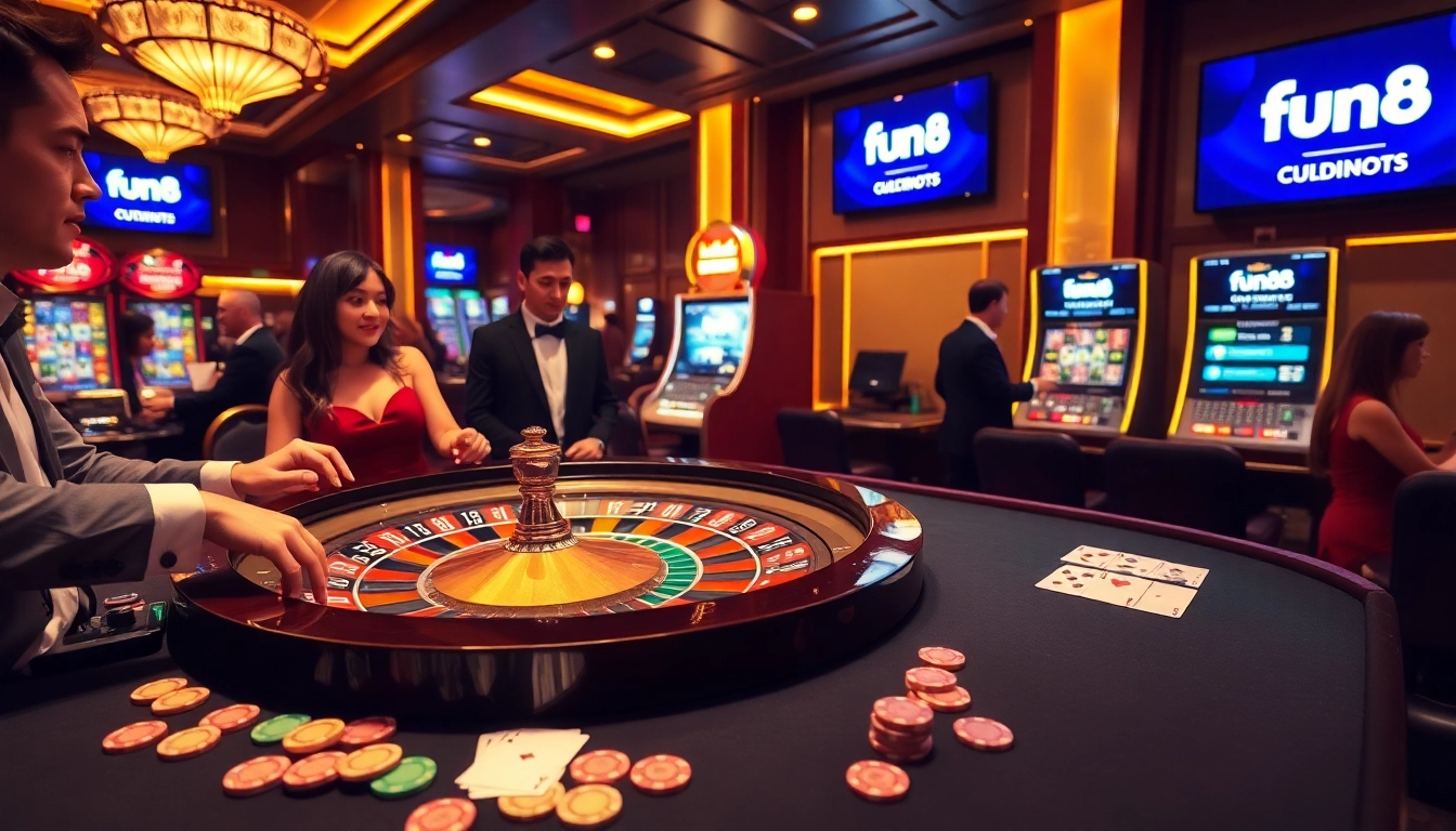 Experience excitement at fun88's luxurious casino tables with vibrant poker chips and roulette wheel.