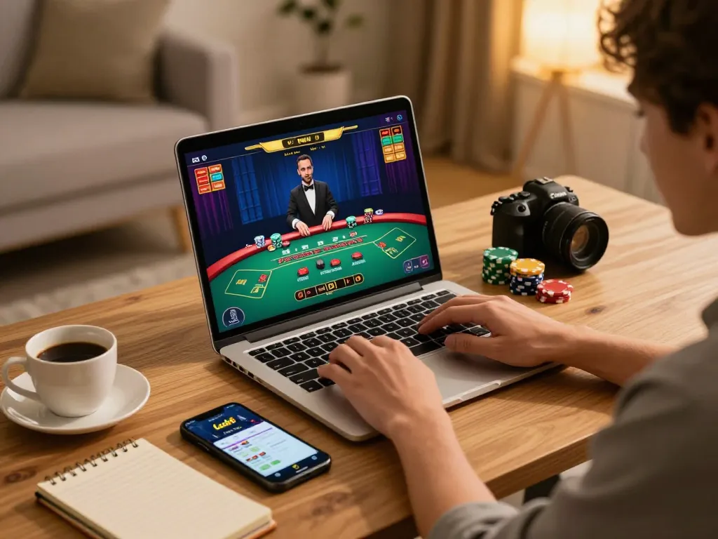 Player engaging with Luck8's live dealer game from home, showcasing a stylish gaming setup.