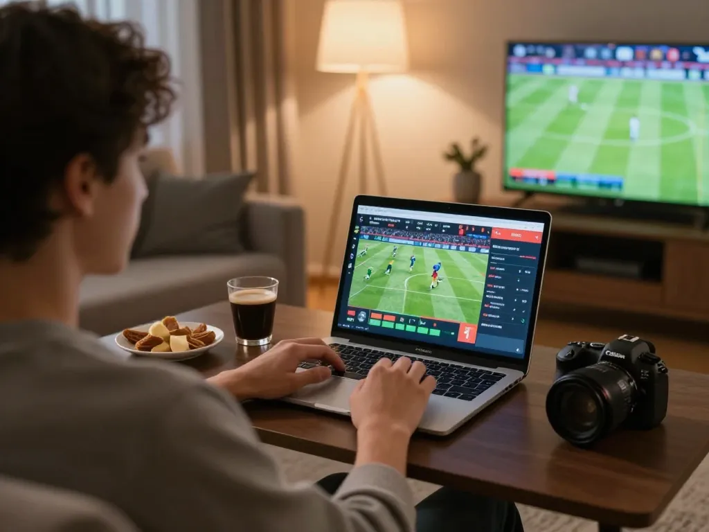 Person engaging in online betting via laptop while watching a football match, nddo.