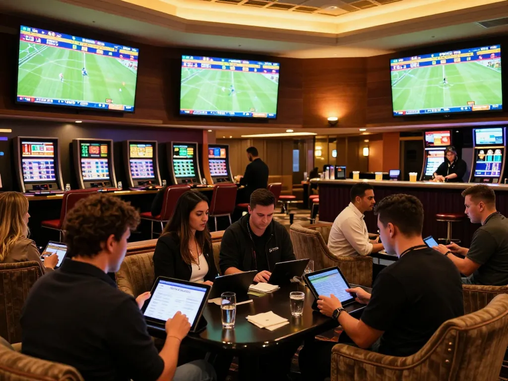 Soi kèo enthusiasts analyze odds in a vibrant sports betting lounge, showcasing excitement and camaraderie.