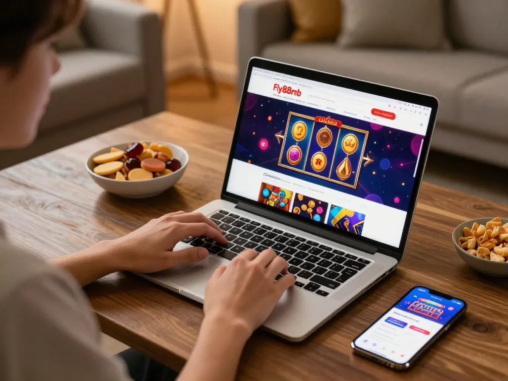 Engaging online gameplay at fly88mb with colorful slots displayed on laptop.