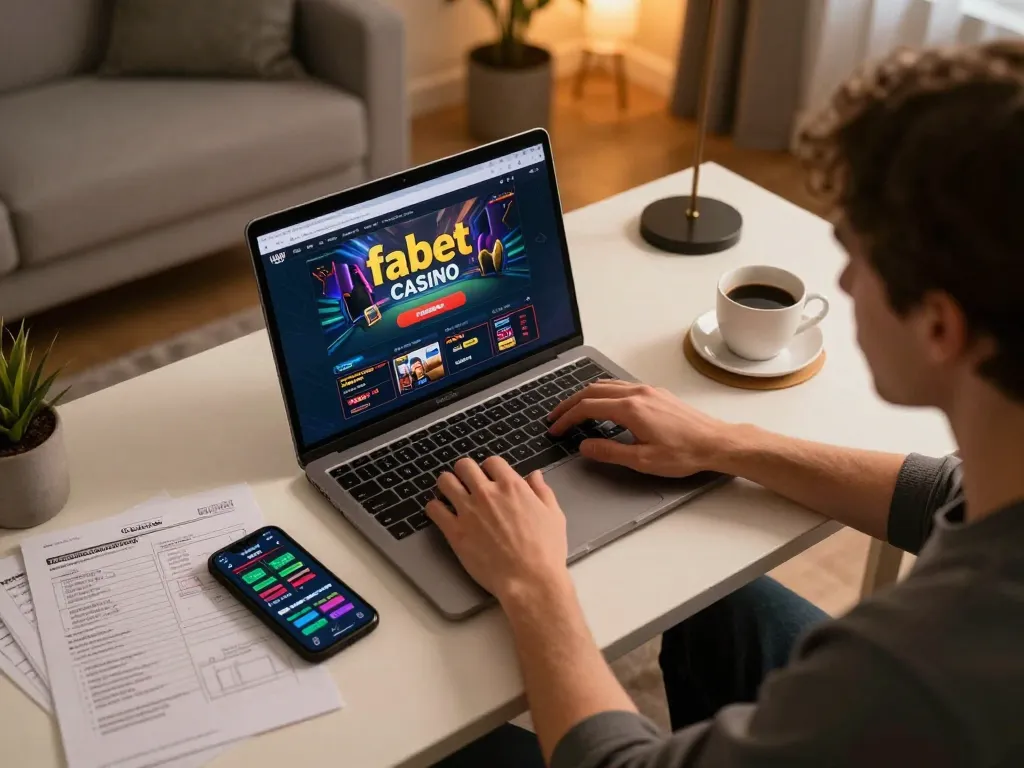 Player engaging with fabet online casino platform using laptop and smartphone.