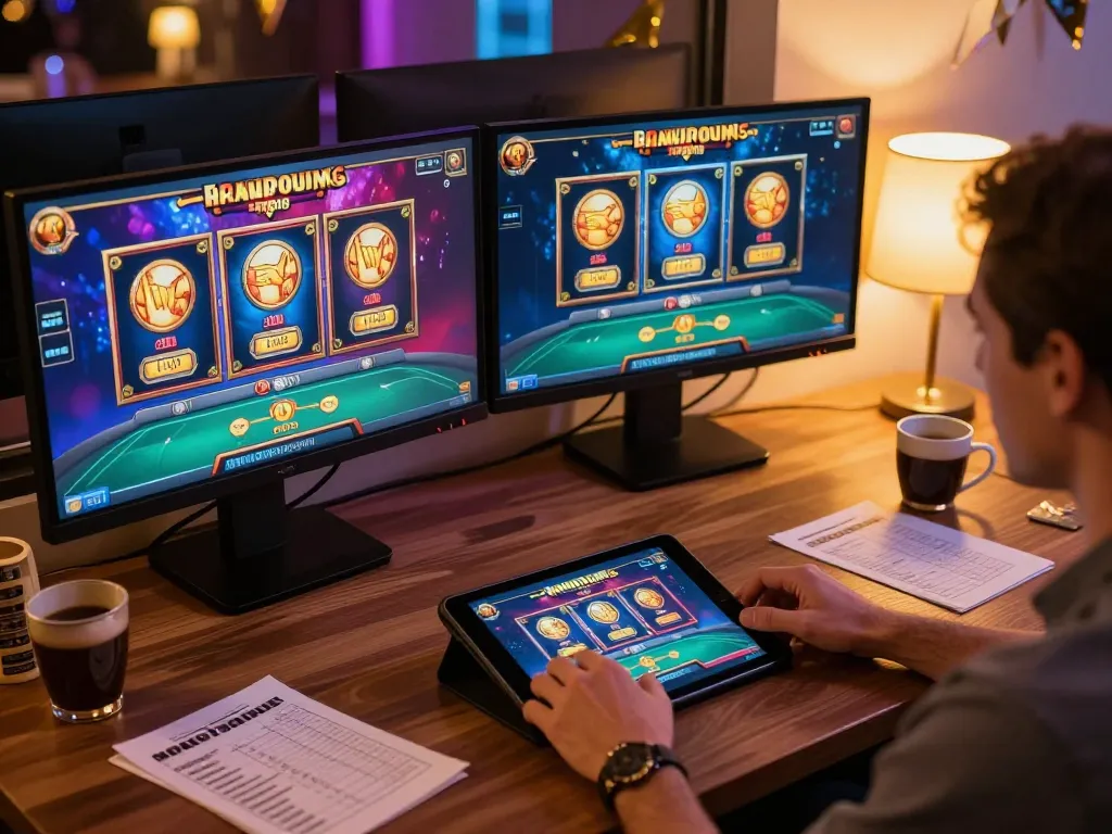 Bangsawan88gg showcases a stylish online casino gaming setup with gameplay on dual monitors and tablet.