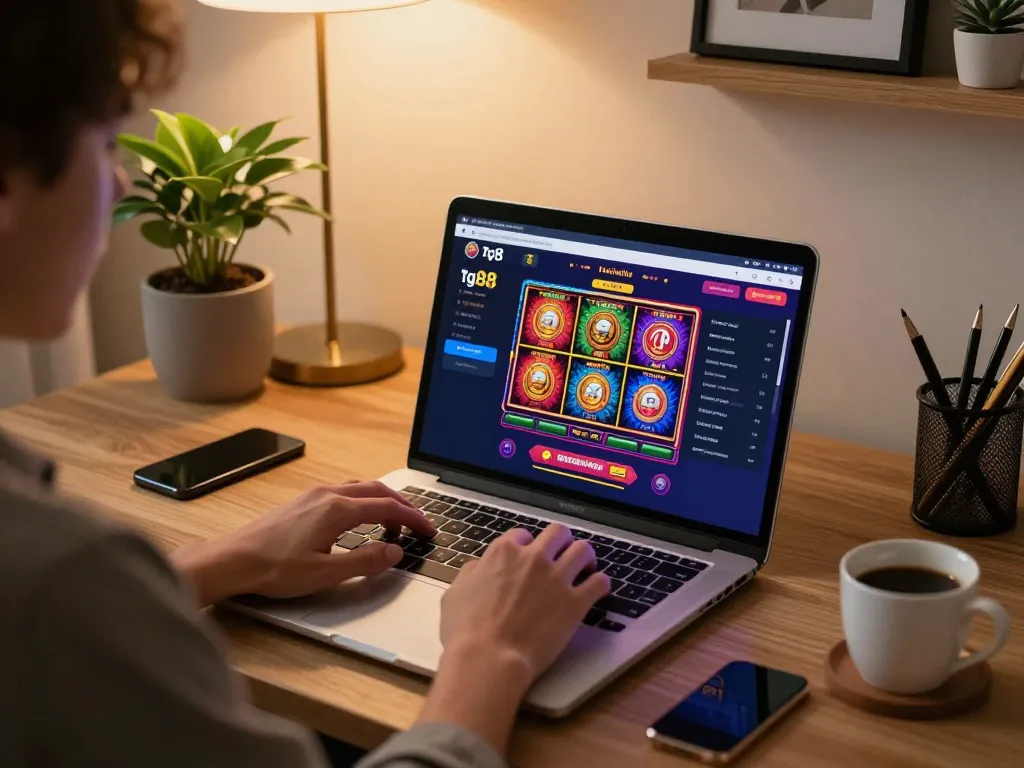 Engaged player using tg88 app for online slots and casino games at home with vibrant visuals