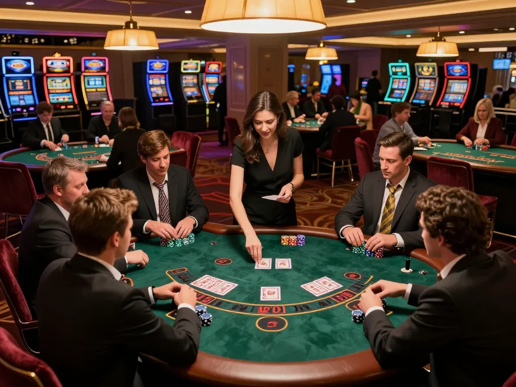 KJC players strategizing at a high-stakes blackjack table in a vibrant casino atmosphere.