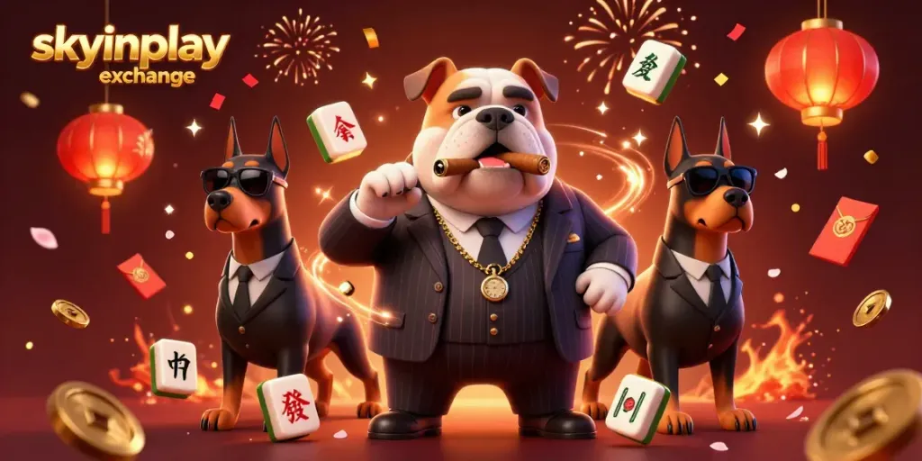 Experience the excitement of skyinplay exchange with this vibrant 3D illustration featuring a mafia bulldog and Doberman bodyguards surrounded by casino elements.
