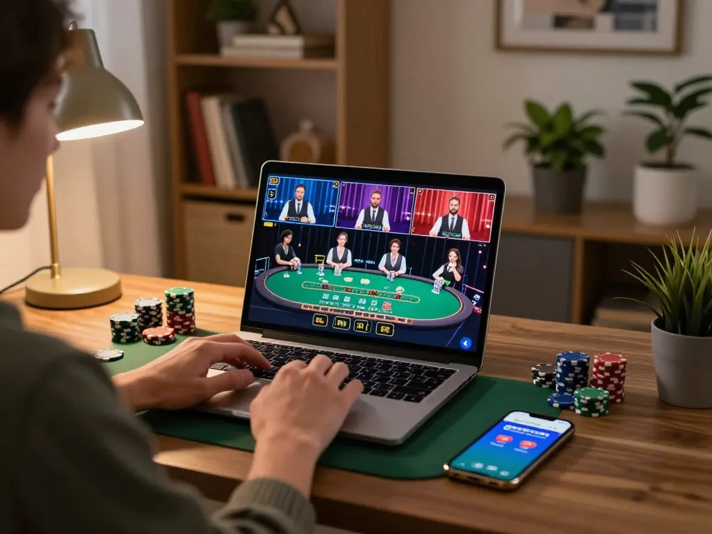 Experience thrilling live dealer blackjack gameplay with go99com in a cozy home gaming setup.