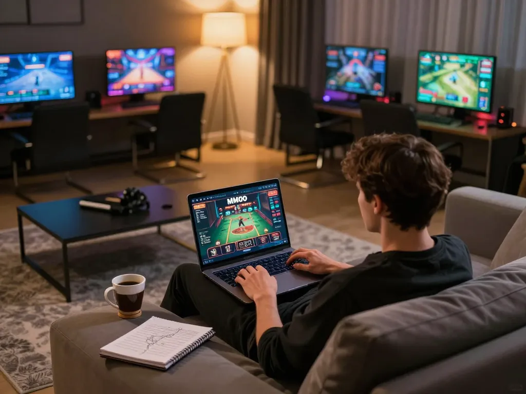 Engaging in online casino gameplay with MMOO, showcasing a comfortable home setting and modern gaming interface