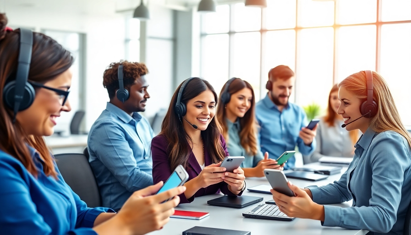 Engaged team utilizing a small business phone service in a modern workspace.