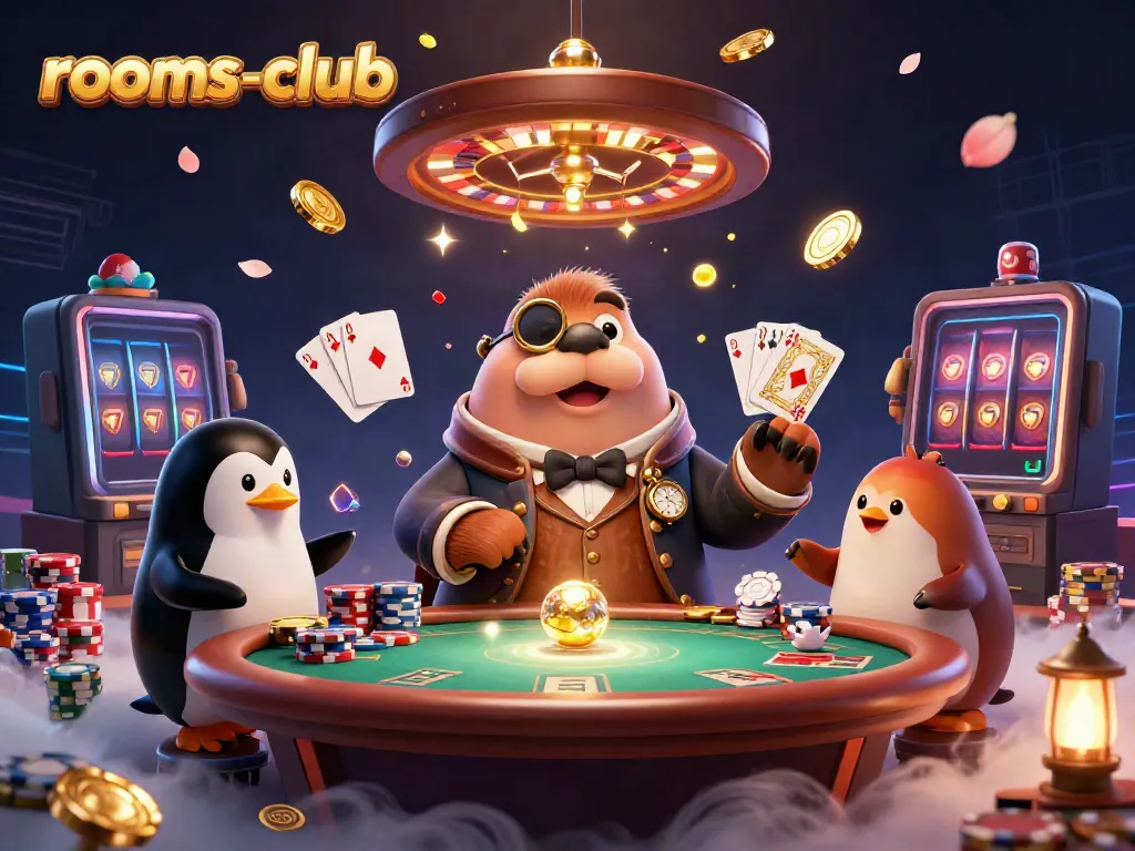 Permainan kasino seru di rooms-club dengan walrus, penguin, dan ikan puffer sebagai karakter utama.