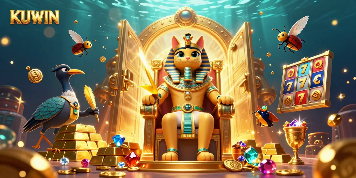 Engage with KUWIN's vibrant casino atmosphere featuring a Pharaoh cat, treasures, and lively slot elements.