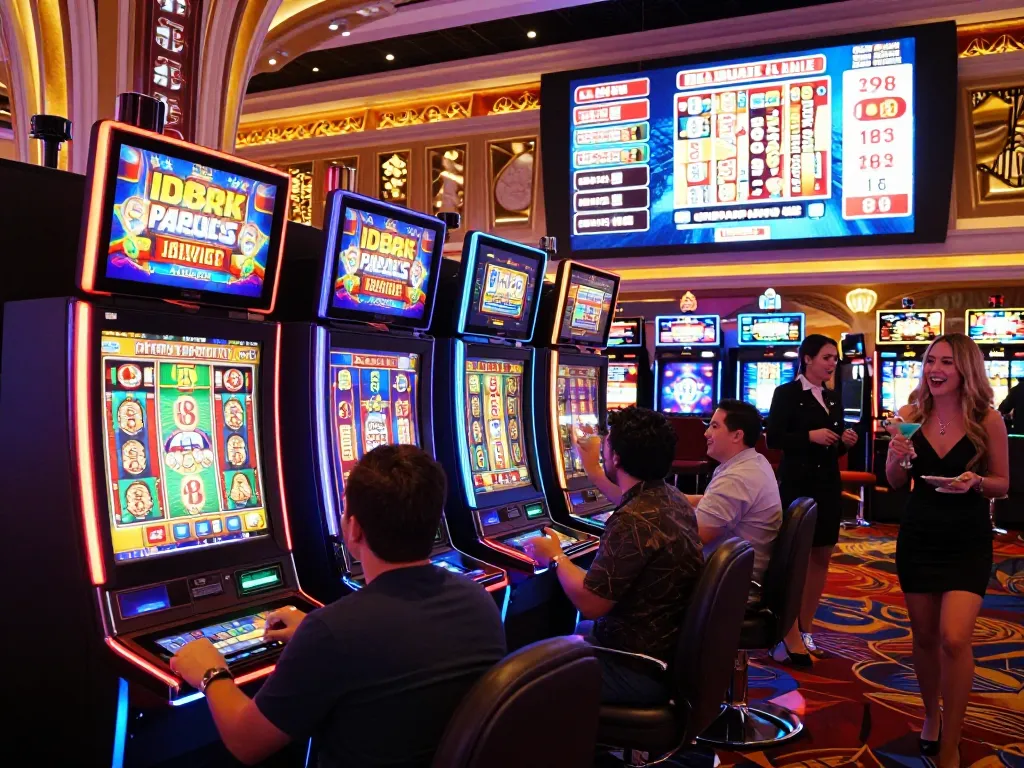 Pemain menikmati permainan link slot dalam suasana kasino Las Vegas yang vibrant.