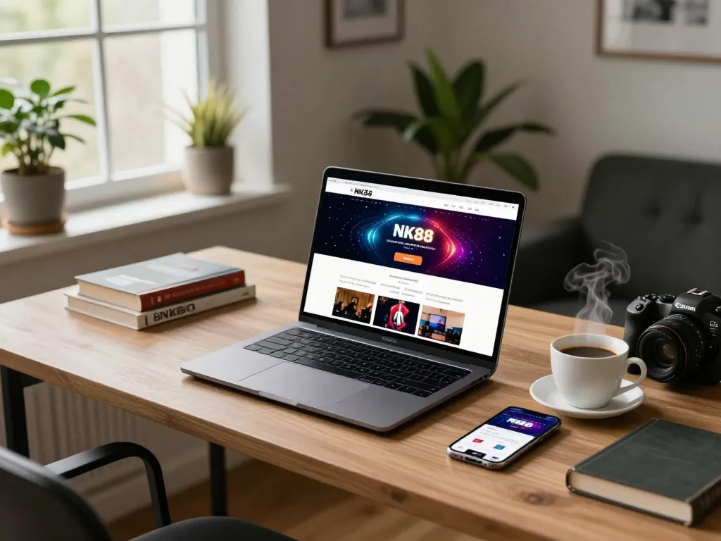 Engaging NK88 online casino gaming setup at home with laptop and mobile app.