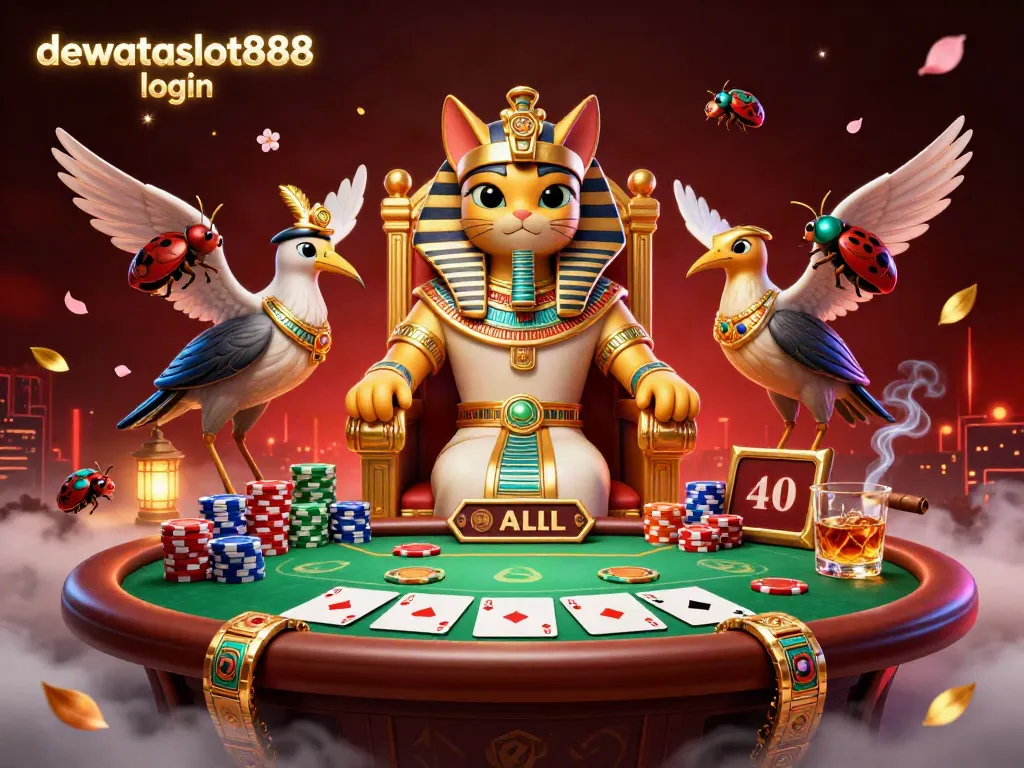 Permainan menarik di dewataslot888 login dengan tokoh kucing firaun, meja poker, dan simbol keberuntungan yang memukau.
