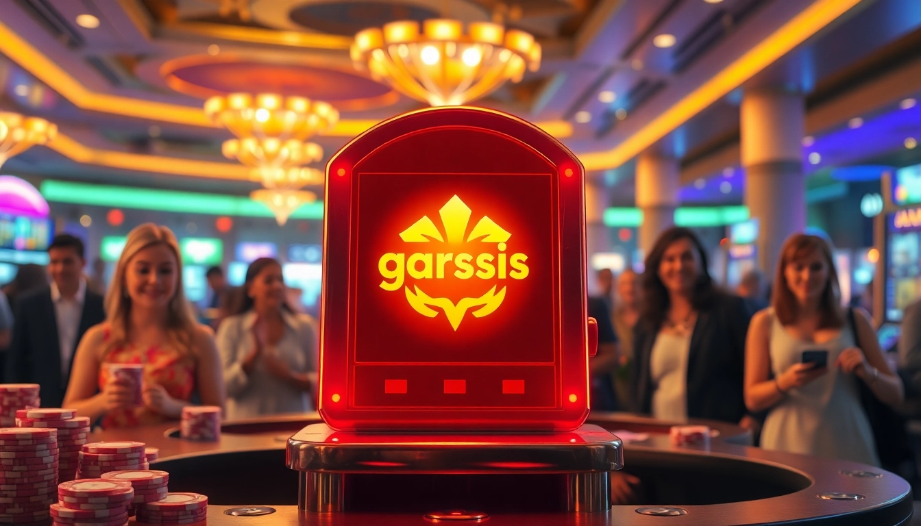 Permainan garasislot yang menarik di kasino dengan pemain bersemangat di latar belakang.