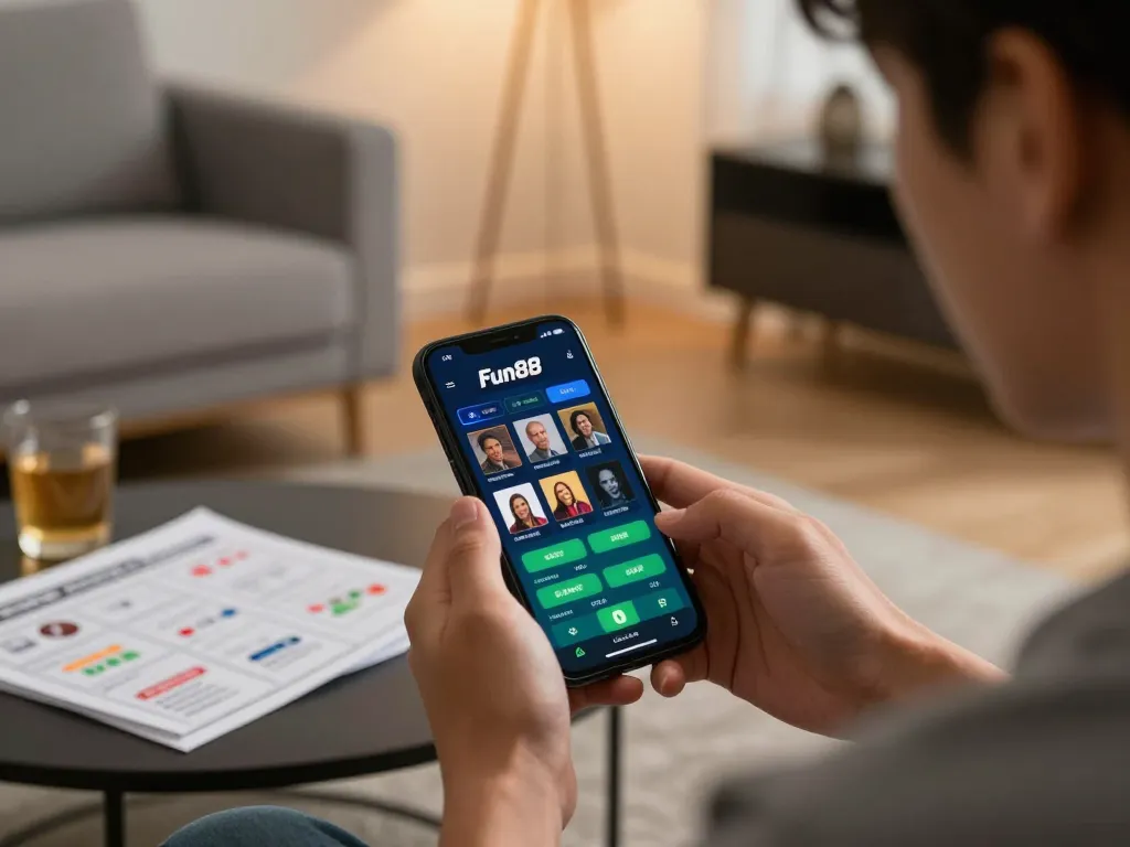 Engaging in mobile betting on Fun88 with smartphone in hand, showcasing a cozy home setup for responsible gambling.